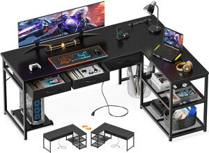 ODKゲーミングデスク引き出し3杯パソコンデスクコンセント付きl字デスクデスク机幅155pcデスク棚付きdesk収納オフィスデスク在宅勤務仕事用組立簡単ブラック