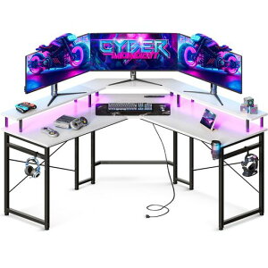 ODKゲーミングデスクコンセント付きパソコンデスク机幅129収納desk仕事用l字デスク在宅勤務組立簡単ホワイト