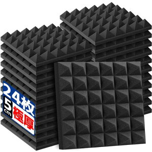 吸音材Teeran防音材防音壁防音シート高密度ウレタンフォーム吸音パネル消音騒音防音窓楽器部屋壁吸音対策吸音シート室内装飾難燃30*30*5cm極厚黒(ピラミッド形)24枚両面テープ付き