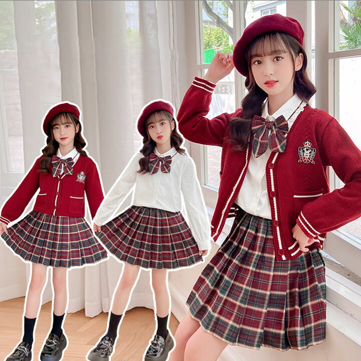 女の子 入学式 スカート シャツ レッド かわいい 長袖 セット 学生制服 キッズ服 2点セット 3点セット おしゃれ 可愛い カーディガン シャツ 送料無料 カーディガンセット フォーマル セーラー 子供服 キッズ 卒業式 卒園式 お受験 発表会 結婚式 cosplay