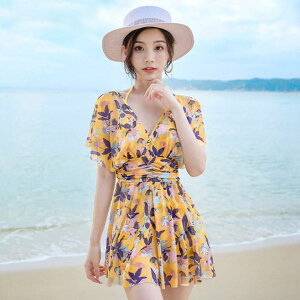 送料無料 水着 レディース 花柄 イエロー ワンピース 可愛い 大きいサイズ 露出控え オールインワン ママ水着 20代 30代 40代 オトナ 女子 セクシー フレアスカート お洒落 エレガント