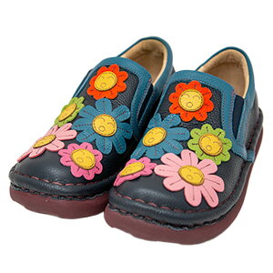 estacion エスタシオン TGE611 レディース スリッポン 本革 コンフォートシューズ お花ニコちゃんモチーフ 厚底 両サイドゴム スニーカー 新作 幅広 フラットソール ローヒール カラフル かわい