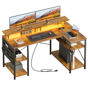 YeTom l字デスク幅130cm LEDライト付き ゲーミングデスク パソコンデスク ゲームデスク デスクpcデスク コーナーデスク 棚板高さ調節可能 収納袋付き L字型 PC 勉強机 作業 在宅勤務 リモートワー