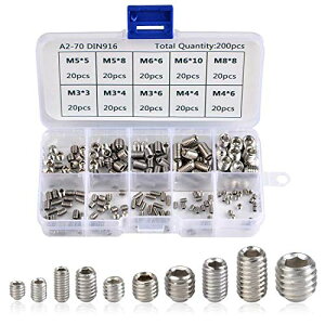 【送料無料】SeonFook 200個セット 六角穴付止めネジ 10種類 止め ねじ キット イモネジ ステンレス鋼 ねじ 内側六角 ネジ M3 M4 M5 M6 M8 接続用 修理ツール 収納ケース付き