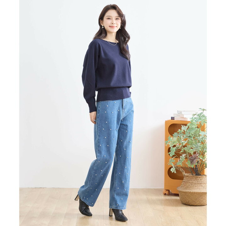 ストーン装飾付きダークブルーデニム （デニムパンツ スキニーパンツ 