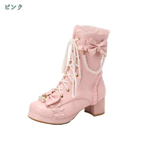 ショートブーツ レディース ブーティ ロリータ ブーツ 秋冬 可愛い レース フリル 蝶結び ベルト飾り 森ガール 革靴 レースアップ 厚底ブーツ ロリータシューズ エレガント パーティ ライブ
