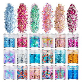 YFFSFDC ラメホログラム 18色セット キラキラ ネイルパーツ ネイルアート 容器付き グリッター ラメグリッター ラメパウダー (18色) ネイルパウダー 顔飾り ヘア飾り 新年 ク リ ス マ ス メイク用品 ゴールド