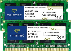 Timetec 8GB Lbg (2x4GB) m[gPCp DDR3 / DDR3L 1333MHz PC3-10600 Non-ECC Unbuffered 1.5V / 1.35V CL9 2Rx8 Dual Rank Low Density 204 Pin SODIMM
