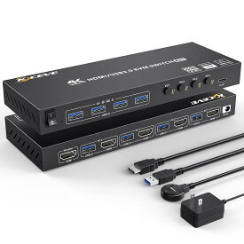 HDMI KVM切替器 4ポート、4入力1出力 PC切替器 4K@60Hz、4つUSB3.0ハブ備えたKVM HDMI 4ポートスイッチャー、EDID管理、ワイヤレスキーボード、マウスサポート