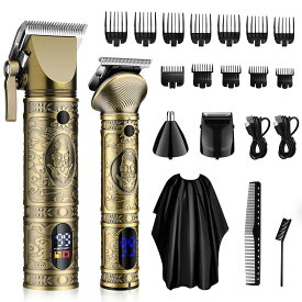 GSKYメンズヘアカッター バリカンセット 往復式シェーバー 鼻毛カッター2in1 USB充電式 LCD表示 自動研磨 電動バリカン ヒゲトリマー 低騒音 家庭 業務 ショートヘア用 セルフカット 理髪美容セット（ゴールド）