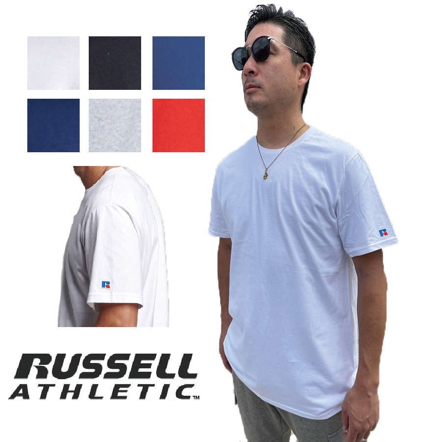 新モデル ラッセル アスレチック Tシャツ Russell Athletic ラッセルアスレチィック 袖ロゴ 半袖Tシャツ ワンポイント 無地  USAモデル ワンポイントtシャツ ロゴtシャツ レディース シンプル ビッグ ビック シルエット ラッセルt オーバーサイズ クルーネック Tシャツ  | 