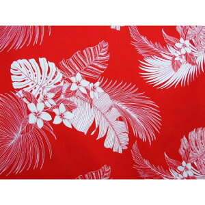 ハワイアンファブリック 綿ポリ 総柄 プルメリア・バナナリーフ レッド HFR715