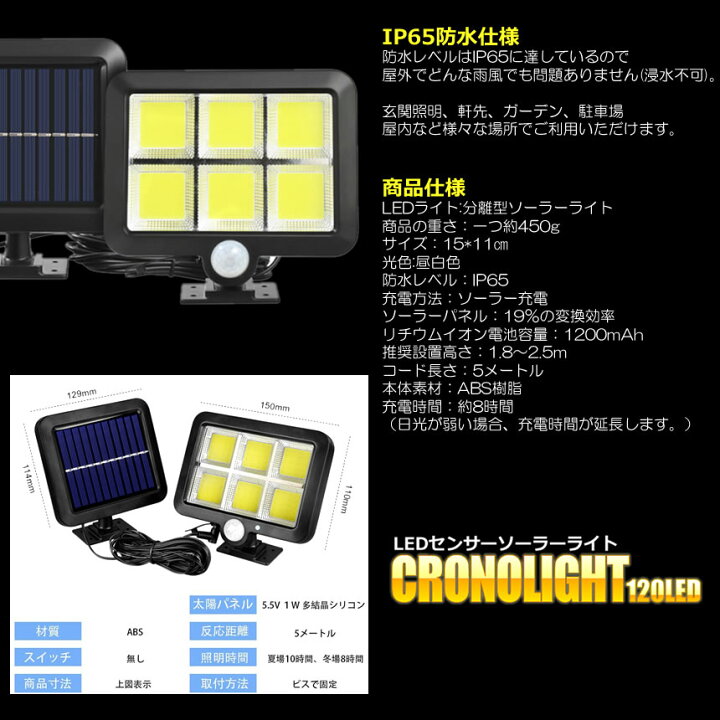 楽天市場】【送料無料】5台セット 分離型 COB型 120LED ソーラーライト 5mコード付き 太陽光 夜間自動点灯 IP65 防水 庭 駐車場  ガーデン BUSOSO : SHOP KURANO