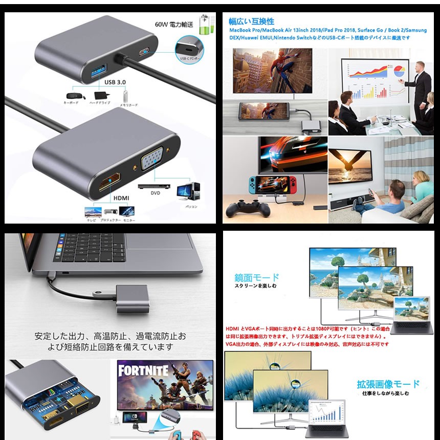 HDMI VGA 変換 Type-C USB 3.0 usb-c タイプC アダプタ 4-in-1 4K UHD