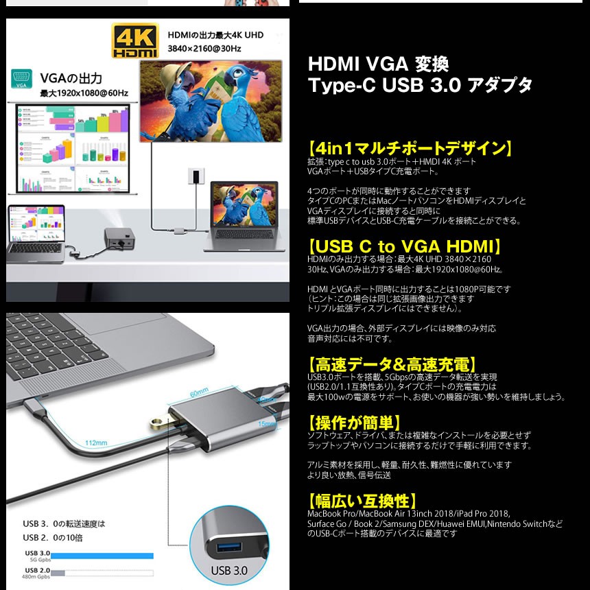 HDMI VGA 変換 Type-C USB 3.0 usb-c タイプC アダプタ 4-in-1 4K UHD