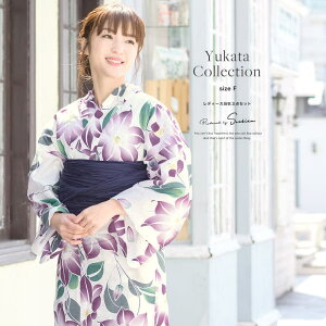 SOUBIEN 浴衣 3点セット(浴衣/兵児帯/下駄) ホワイト 白系 紫 クレマチス 花 綿 絽 変わり織り 女性用 浴衣セット 30代 40代 ママ 大人浴衣 【フリーサイズ】 浴衣・着物