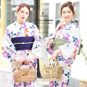 SOUBIEN 浴衣セット 3点セット(浴衣/帯/下駄) bonheur saisons ボヌールセゾン 白系 アイボリー 紫 紺 鉄線花 クレマチス 金魚 雨縞 綿 レディース 夏 花火大会【フェミニン