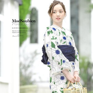 SOUBIEN 浴衣 セット レディース レトロ 浴衣セット 大人 3点セット ホワイト 白 クレマチス 花 フラワー モダン 変わり織り 夏祭り 花火大会 女性用 S・フリー【レトロ】【モダン】 浴衣・着物