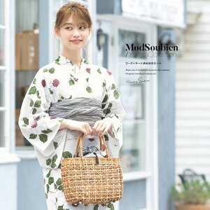 SOUBIEN 浴衣 セット レディース 浴衣セット 大人 3点セット ホワイト 白 緑 グレー クレマチス モダン 変わり織り 女性 夏 S・フリー【浴衣 セット】 浴衣・着物