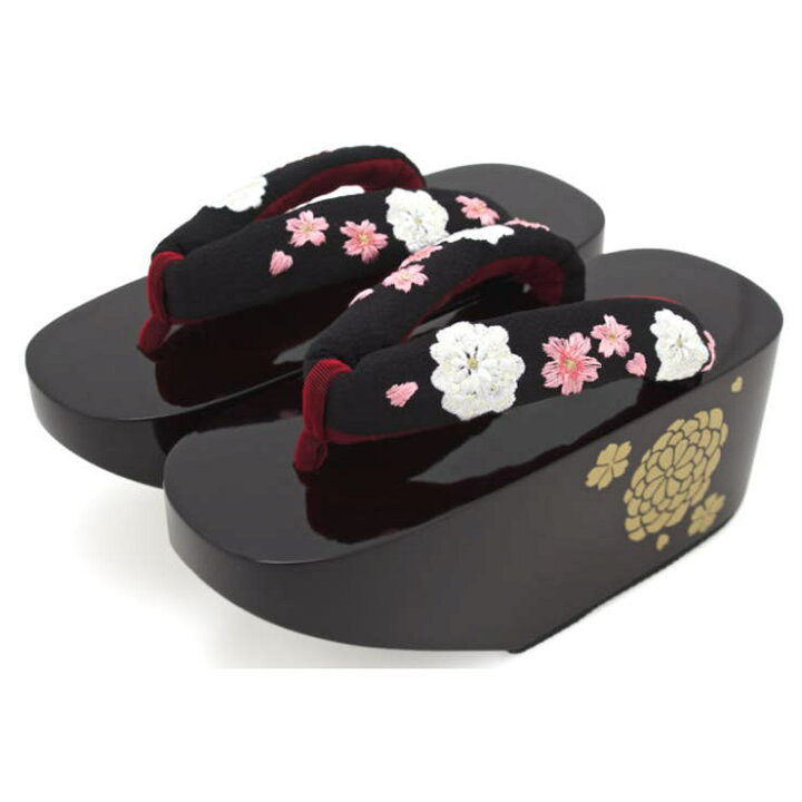 楽天市場】ぽっくり 下駄 黒 ブラック 白 桜 さくら 丸菊 花 刺繍 こっ 