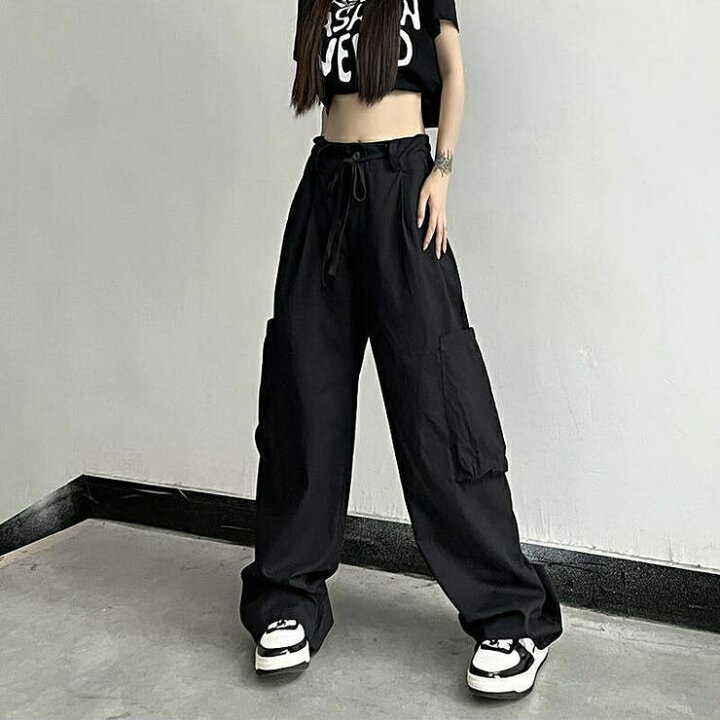 Y2K 00s ナイロン ワイド ギミック バギー パンツ ストリート ブラック 