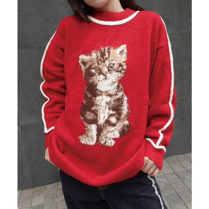 楽天市場】ジャガード編みねこパイピングニット ニット セーター ねこ  