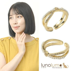 lunolumo 指輪 リング レディース メタル ゴールド クリスタルガラス キラキラ パール クロス フリーサイズ N アクセサリー