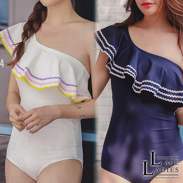 楽天市場】レースレディース ワンショルダーフリル ワンピース水着  