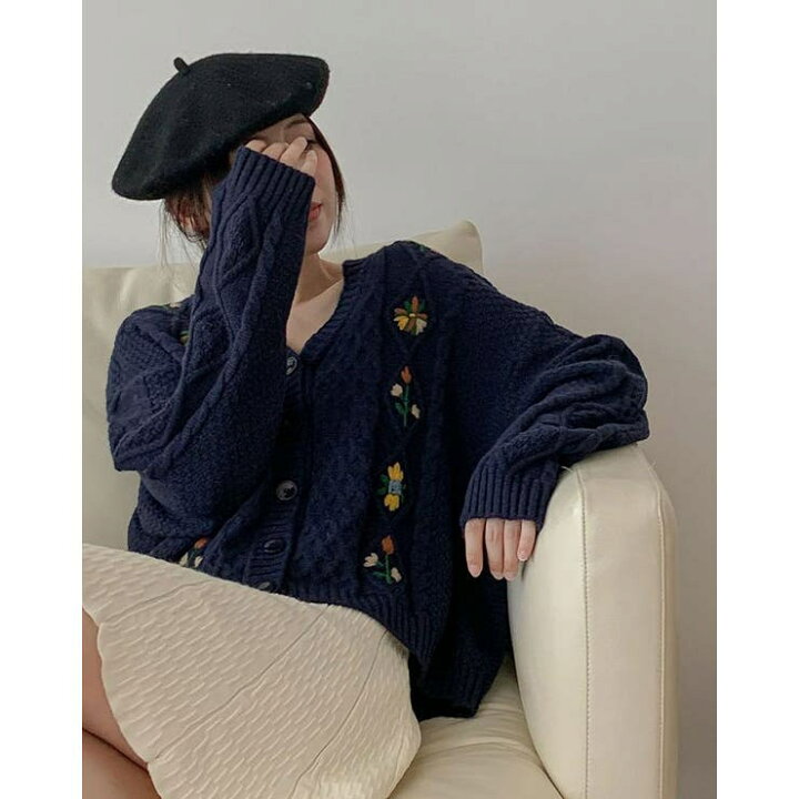 楽天市場】kirakiraShop 花刺繍ケーブルニットカーディガン トップス 