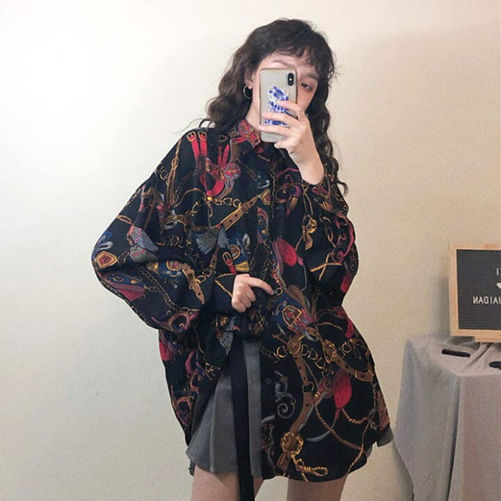 楽天市場】柄シャツ チェーンベルト柄 スカーフ柄 長袖 ビッグ 