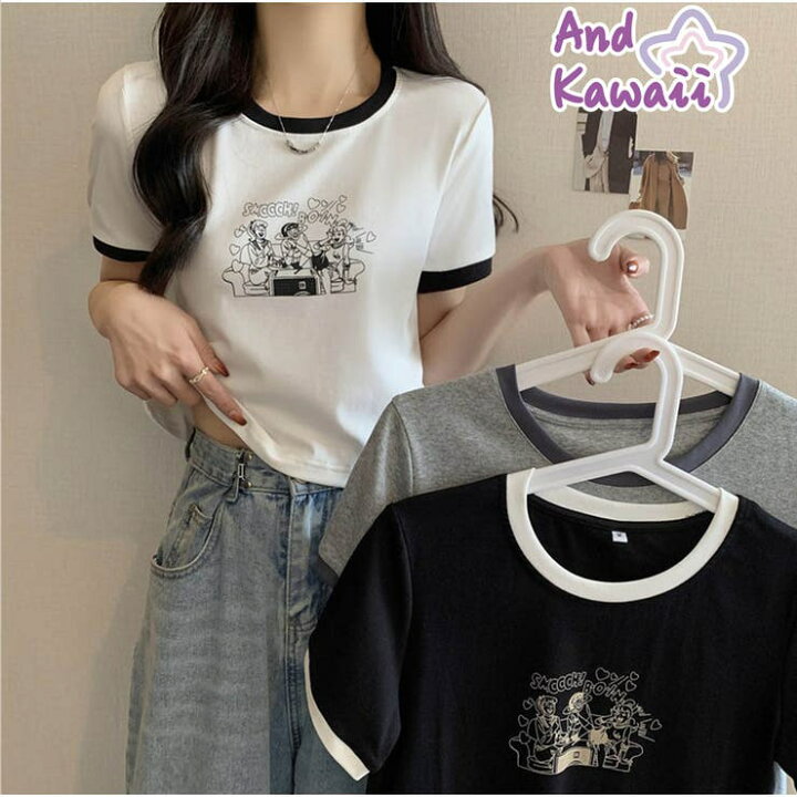 楽天市場】And Kawaii バイカラーTシャツ ロゴTシャツ 半袖 ショート丈 
