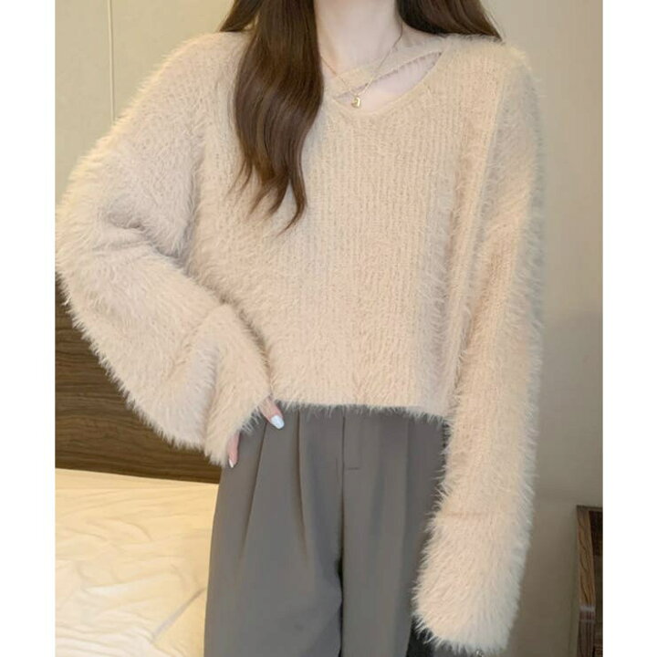 楽天市場】クロップド丈シャギーニット Vネック長袖 : SHOPLIST 