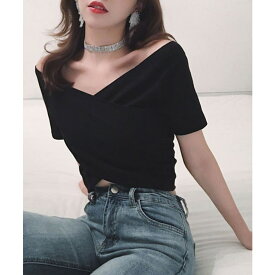 【10％OFFクーポン！1/16(金)1:59まで】vネック トップス レディース ヘソ出し tシャツ 無地 肩だし ショート丈 トップス カットソー 半袖 夏 涼しい 韓国 韓国ファッション 韓国ストリート