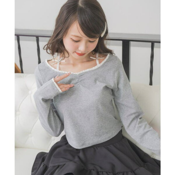 【10％OFFクーポン！9/11(金)1:59まで】RETRO GIRL リボン付きシャーリングCT トップス