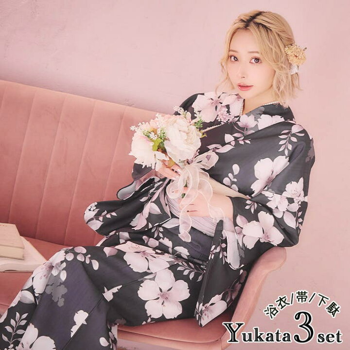 楽天市場】Tika モノトーンニュアンスフラワー浴衣3点セット 浴衣 
