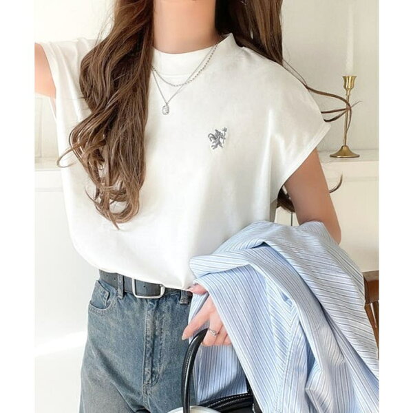 【10％OFFクーポン！9/11(金)1:59まで】Classical Elf 大人女子の上品ベーシック。綿100％シルケットモックネックフレンチTシャツ(刺繍) トップス