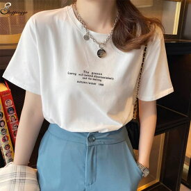 【20％OFFクーポン！7/20(月)限定】shoppinggo ロゴTシャツ レディース 夏服 tシャツ 英字ロゴ ゆるT 半袖 柄プリントTシャツ ゆるシルエット 半袖Tシャツトップス 春 夏 クルーネック トップス