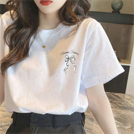 【20％OFFクーポン！7/20(月)限定】shoppinggo リボンロゴTシャツ レディース 夏服 tシャツ 英字ロゴ ゆるT 半袖 柄プリントTシャツ ゆるシルエット 春 夏 クルーネック ブランド 綿100％ スポーツ トップス