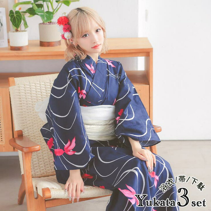 楽天市場】Tika 流水×金魚柄浴衣3点セット レトロ浴衣 兵児帯 下駄 