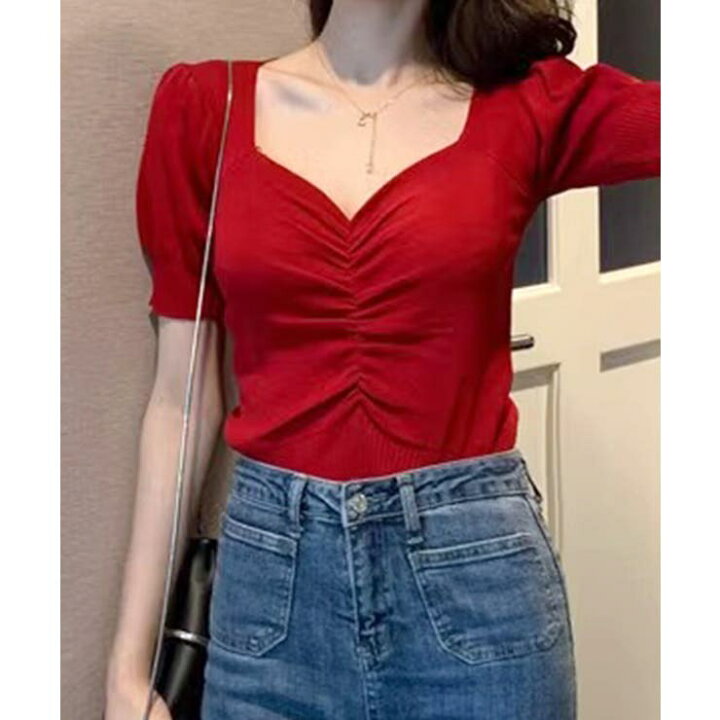 楽天市場】シャーリング半袖サマーニット ハートネック パフスリーブ  