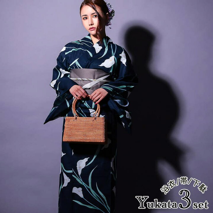 楽天市場】Tika 菖蒲＆リーフ濃紺地浴衣3点セット 作り帯 下駄 