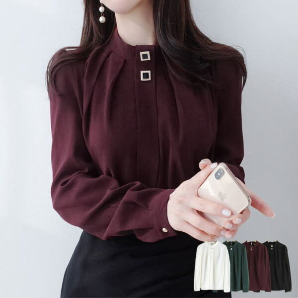 【10％OFFクーポン！9/11(金)1:59まで】VIVID LADY 起毛 ポイントボタン ピンタック ハイネック ブラウス レディース 起毛 トップス ブラウス 長袖 オフィス フォーマル ブラウス 白 ブラウス 長袖 韓国ファッション bldo2
