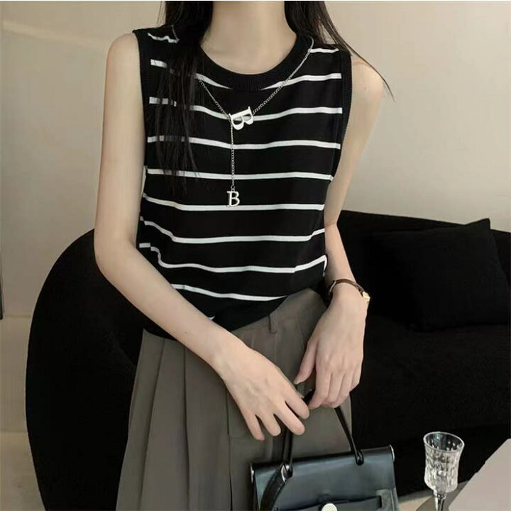 楽天市場】ストライプノースリーブニットトップス 韓国ファッション  