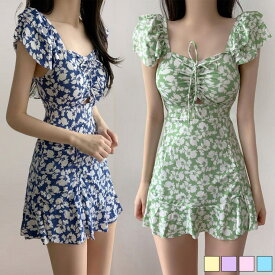 aimoha レトロ花柄ワンピーススイムウェア 水着 UVカット 水着セット 水着インナー ワンピース水着 体型カバー シースルー グリーン 黒 ショーツ一体型 Jasmine Grandiflorum【Jasmine】【SS】 水着