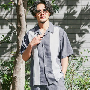 LUXSTYLE ボトムス別売り 半袖シャツ 開襟シャツ キューバシャツ メンズ オープンカラー 大きいサイズ セットアップ シャツ 襟付き 羽織り 切替 2トーン 配色 無地 白 黒 青 ホワイト ブラック