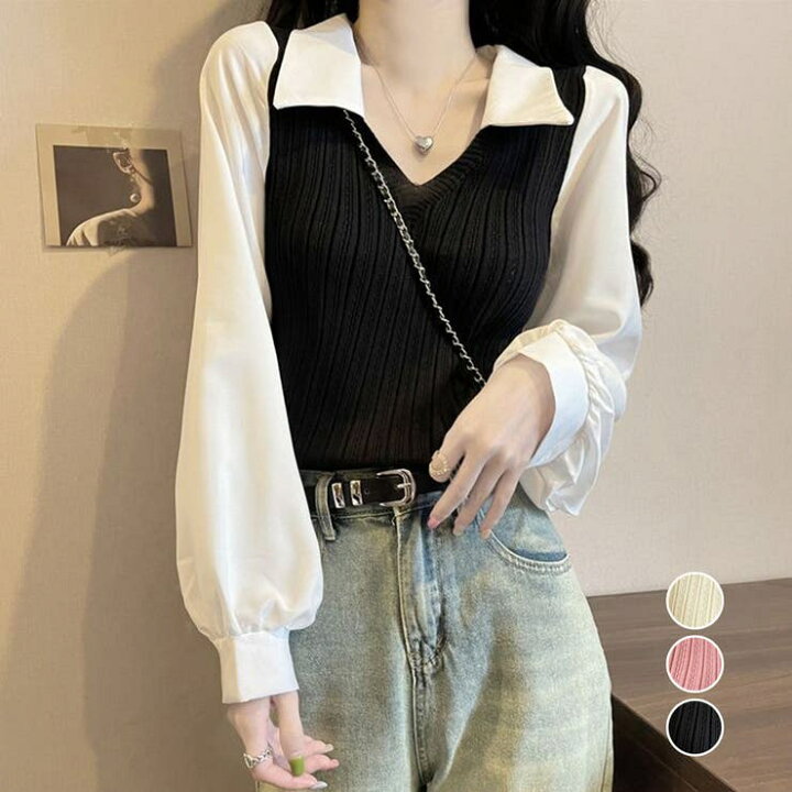 楽天市場】ニットブラウス韓国ドッキングニットシャツ : SHOPLIST