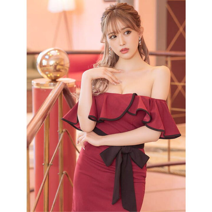 楽天市場】オフショルフリルウエストマークリボンタイトミニドレス  