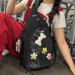 REAL STYLE 痛バッグ ボディバッグ 痛バ メッシュボード付き 缶バッジ アニメ レディース おしゃれ 大きめ 大容量 軽量 軽い クリア 透明 ショルダー 推し活 グッズ 収納 ポケット 斜めがけ バッ