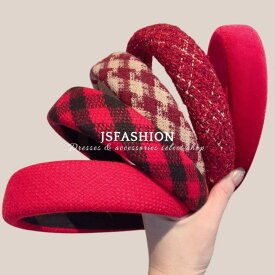 JS FASHION ヘアカチューシャ 幅広 太め クッション入り レッド系 チェック柄 ツイード ベロア ファブリック 小顔効果 大人可愛い 上品 通勤 通学 デート 秋冬 クリスマス プレゼント 赤色 ヘアアクセサリー レディース 新作 ヘアアクセサ