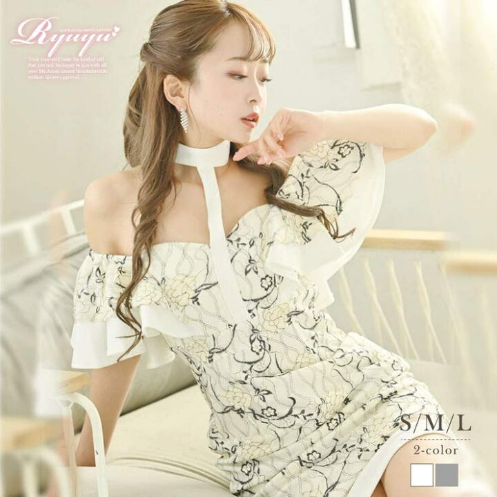 楽天市場】キャバドレス ミニ 袖付き 花柄 かわいい オフショル フリル  